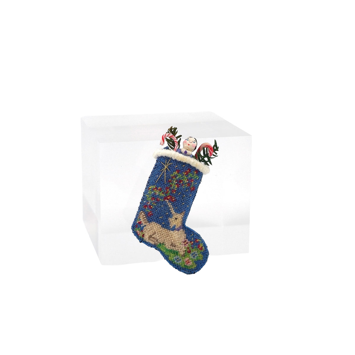 Natalia Frank Petit Point Unicorn Christmas Stocking with Baby Doll & Candy Canes