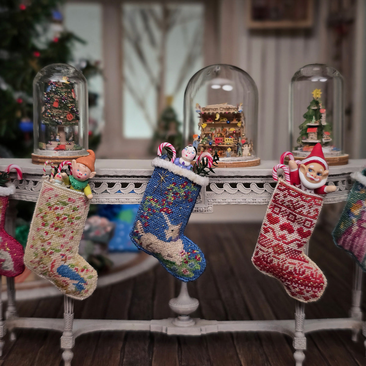 Natalia Frank Petit Point Unicorn Christmas Stocking with Baby Doll & Candy Canes