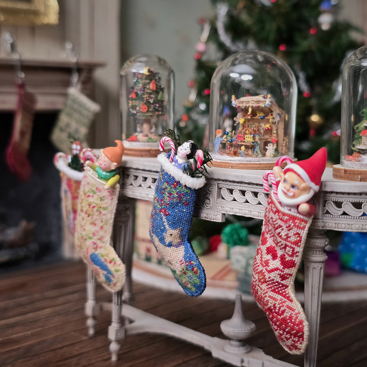 Natalia Frank Petit Point Unicorn Christmas Stocking with Baby Doll & Candy Canes