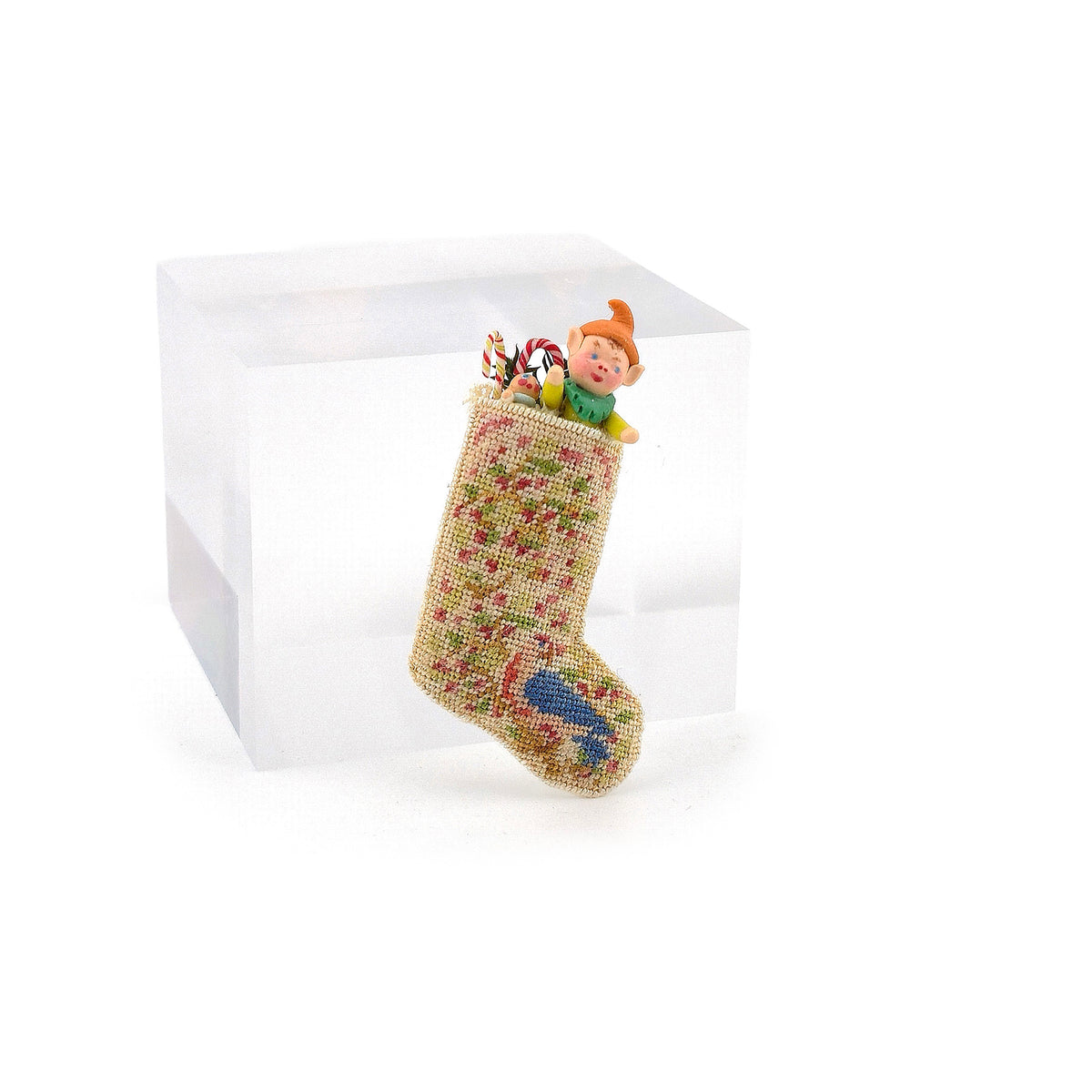 Natalia Frank Petit Point Embroidery Christmas Stocking with Sculpted Elf & Candy Canes