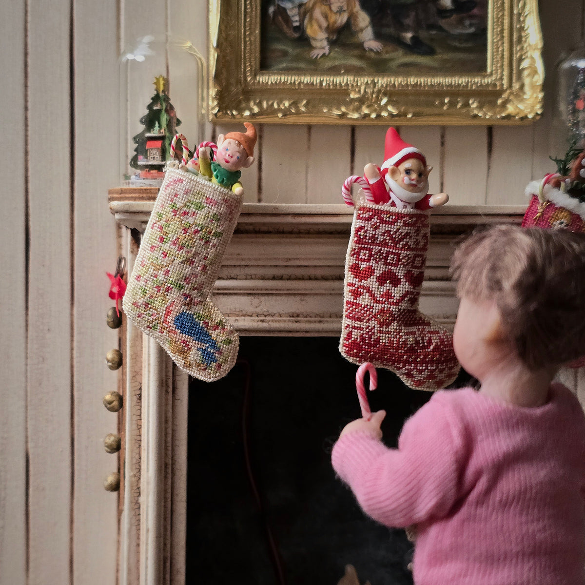 Natalia Frank Petit Point Embroidery Christmas Stocking with Sculpted Elf & Candy Canes