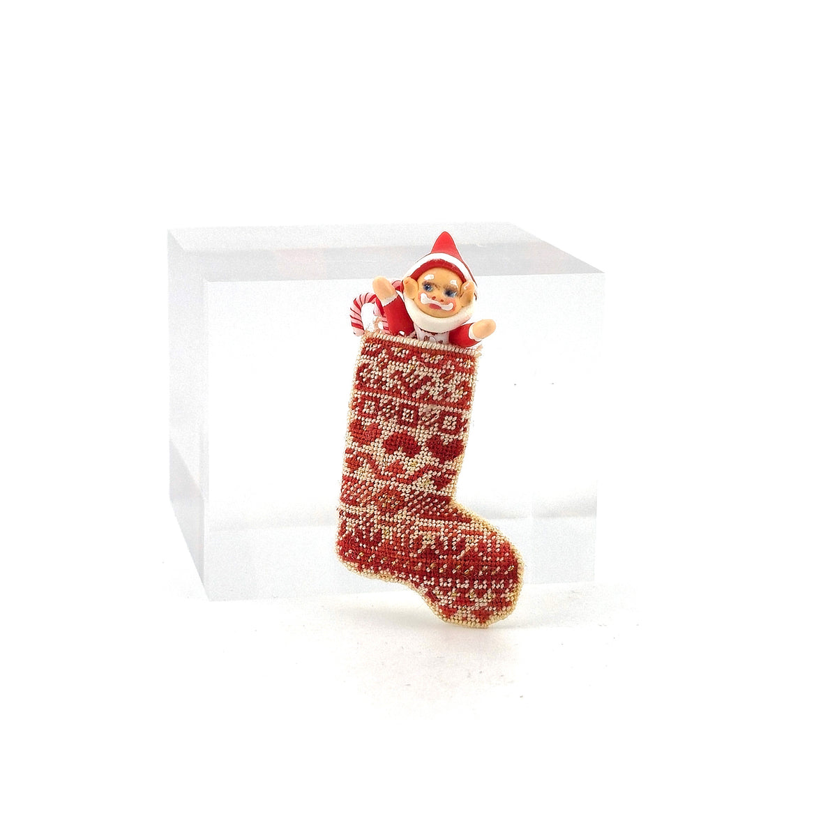 Natalia Frank Hand-Stitched Petit Point Christmas Stocking with Retro Elf & Candy Cane