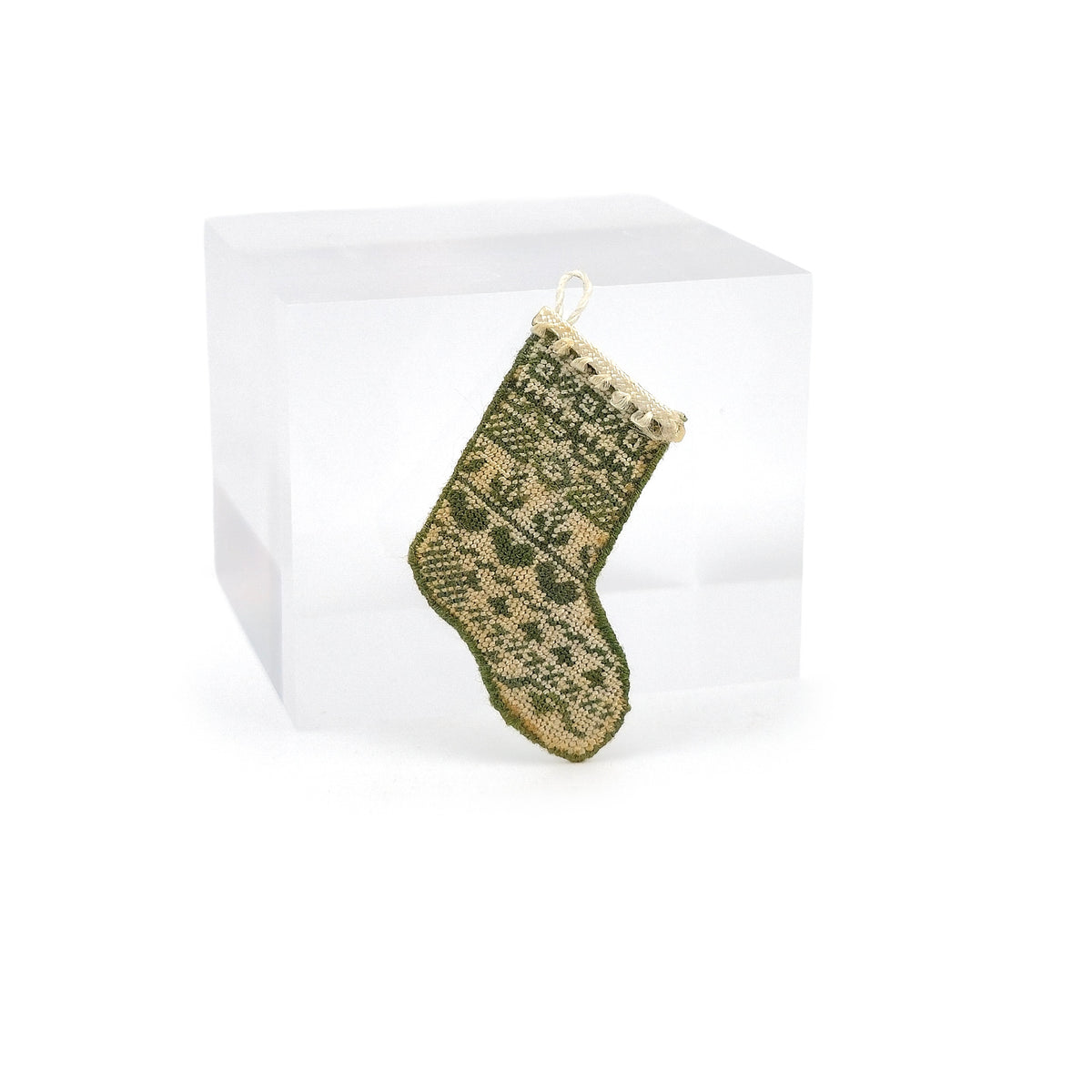 Natalia Frank Fair Isle Petit Point Christmas Stocking with Green & Cream Pattern, IGMA