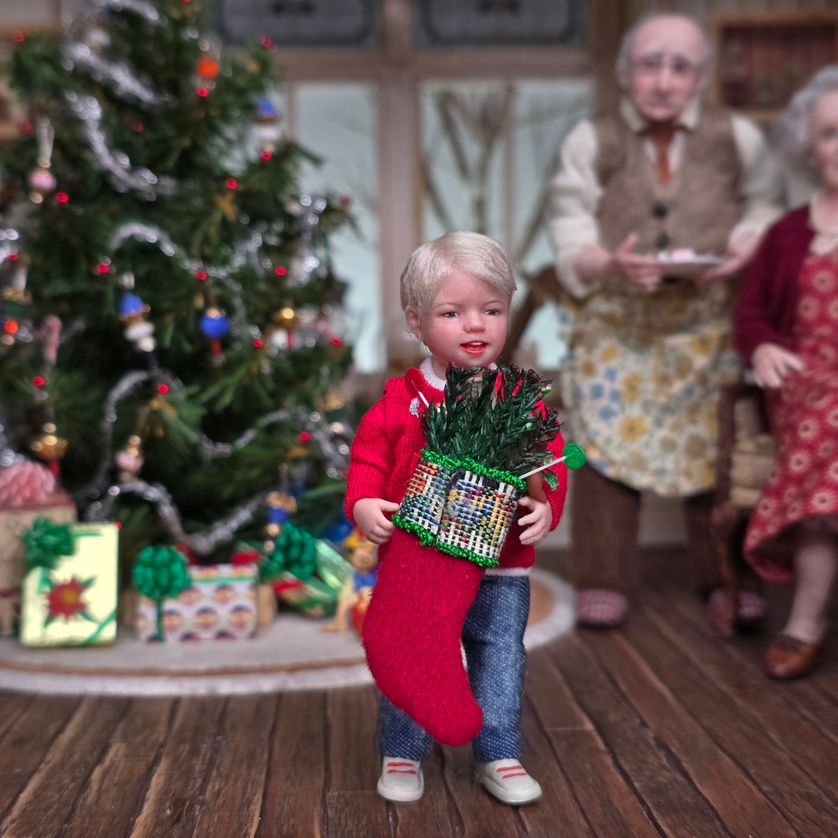 Artisan Hand-Stitched Wool Christmas Stocking Filled with Teddy Bear & Holiday Treats