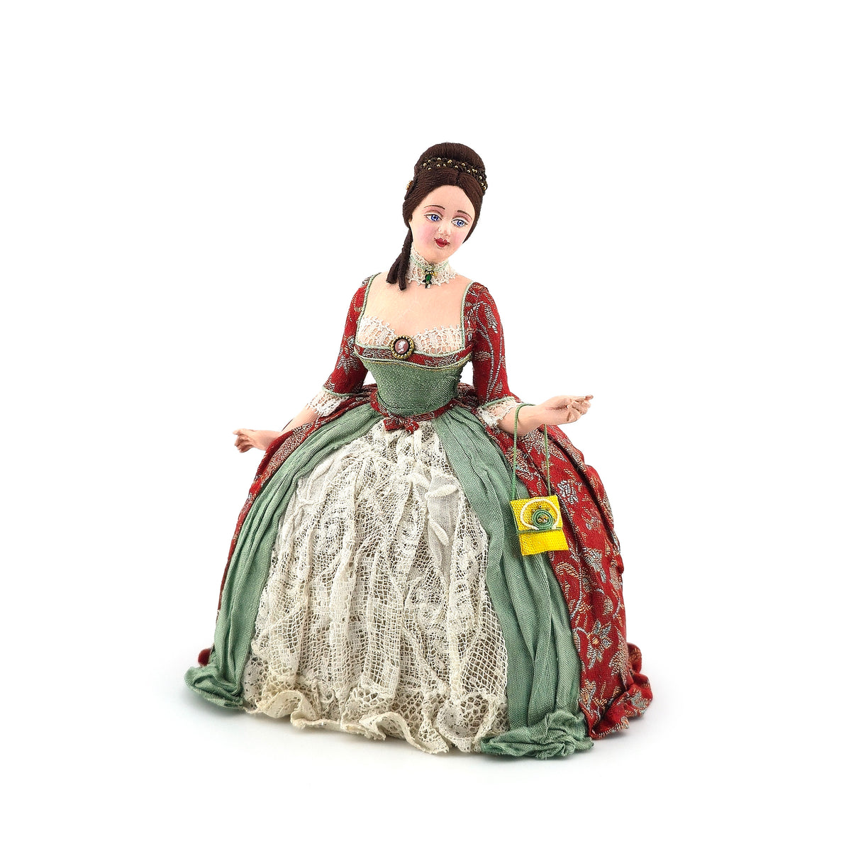 Gale Elena Bantock HOLIDAY 18th-Century Lady Doll in Red Brocade & Sage Silk Gown