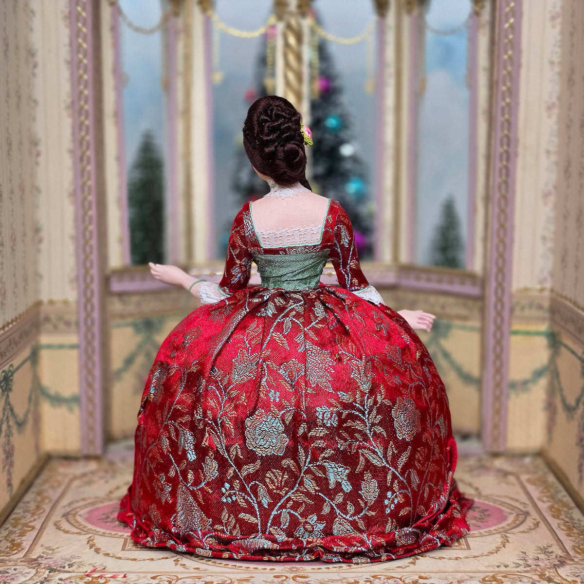 Gale Elena Bantock HOLIDAY 18th-Century Lady Doll in Red Brocade & Sage Silk Gown
