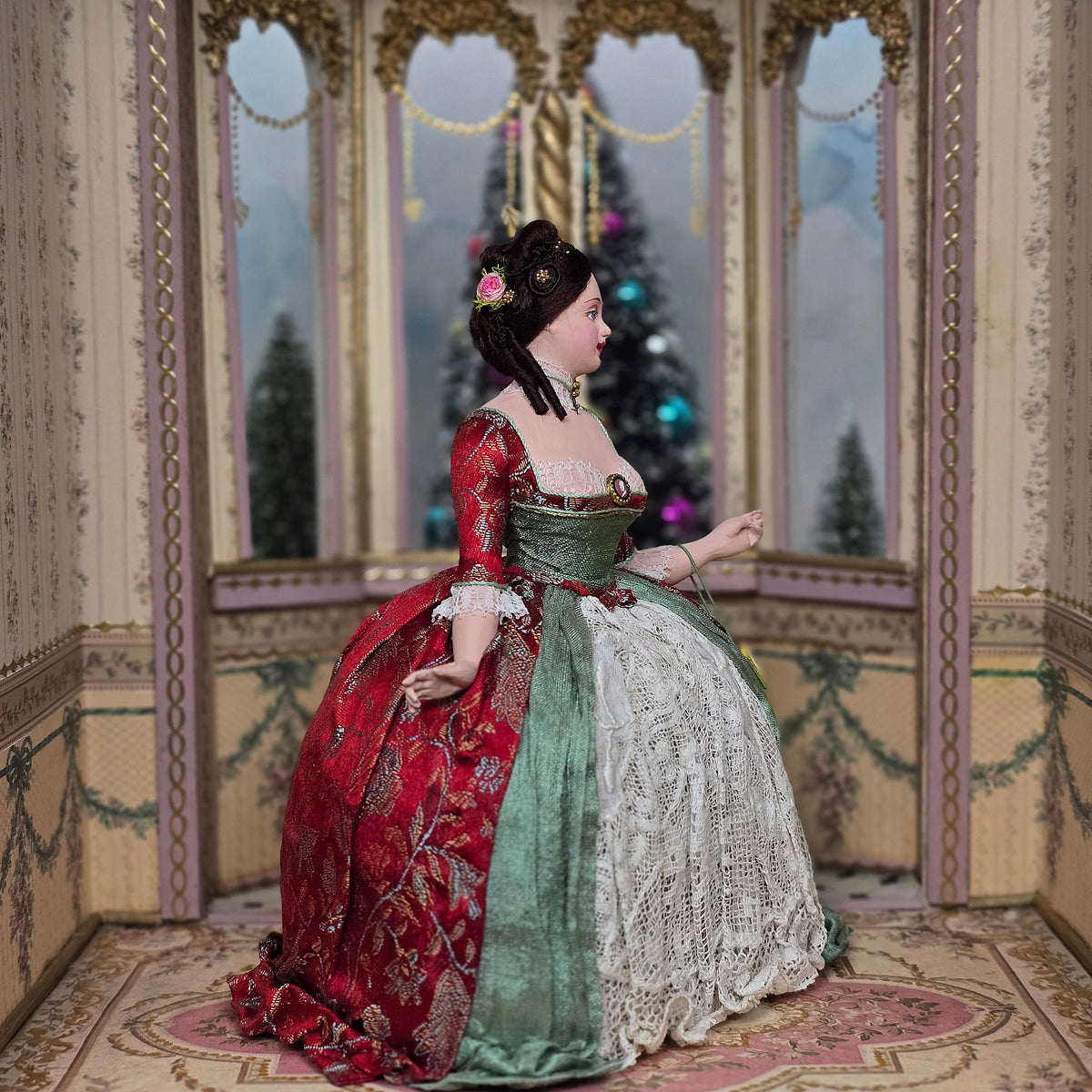 Gale Elena Bantock HOLIDAY 18th-Century Lady Doll in Red Brocade & Sage Silk Gown