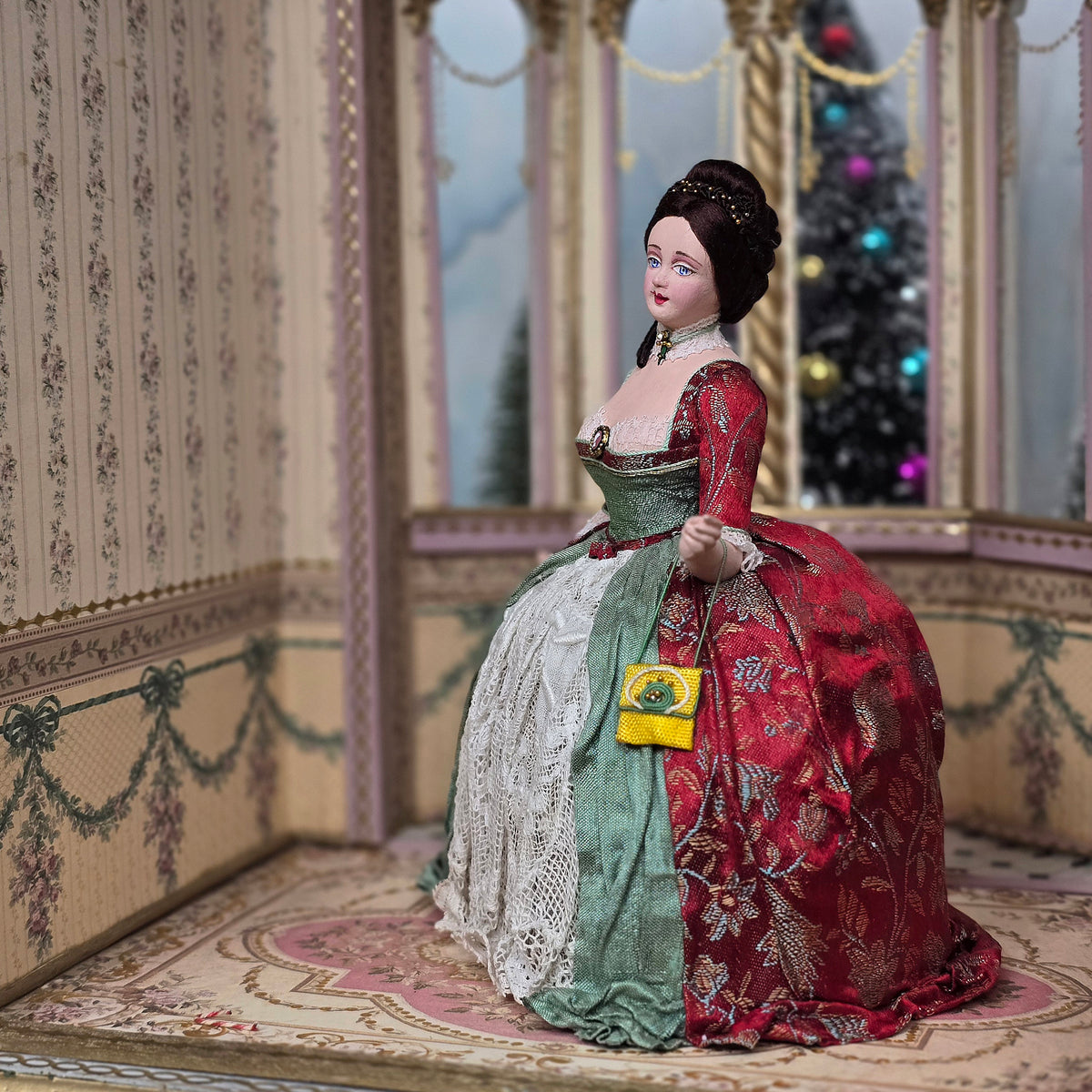 Gale Elena Bantock HOLIDAY 18th-Century Lady Doll in Red Brocade & Sage Silk Gown