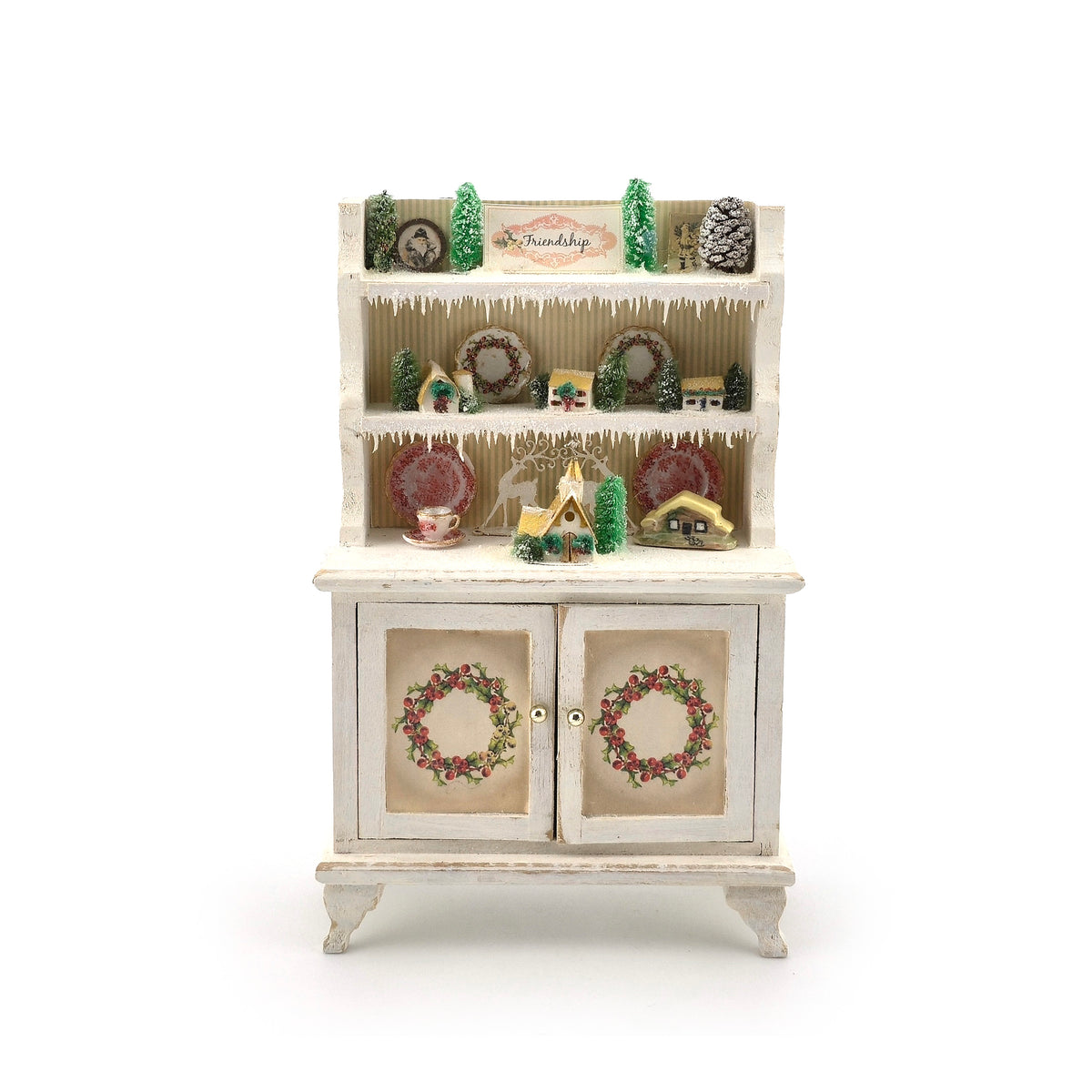 Artisan Lighted Christmas Village Hutch with Frosted Trees, Wreaths & Holiday Décor