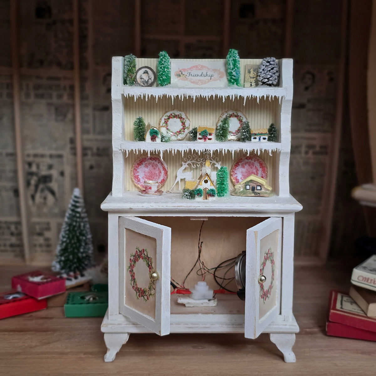 Artisan Lighted Christmas Village Hutch with Frosted Trees, Wreaths & Holiday Décor