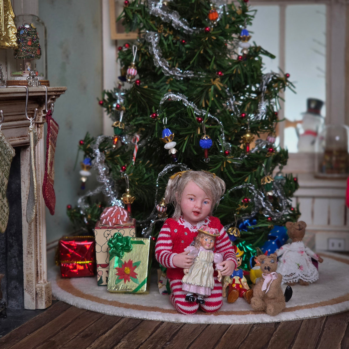 Svetlana Blassing Christmas Blonde Toddler Girl Doll in Red Knit Pajamas