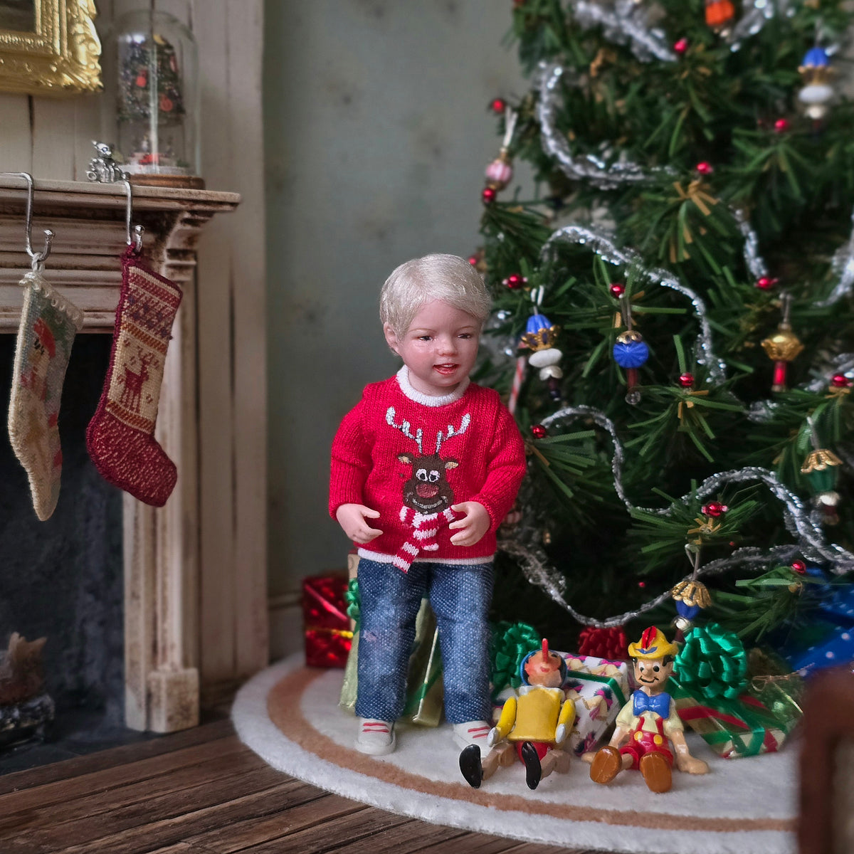 Svetlana Blassing Christmas Blonde Little Boy Doll in Reindeer Sweater