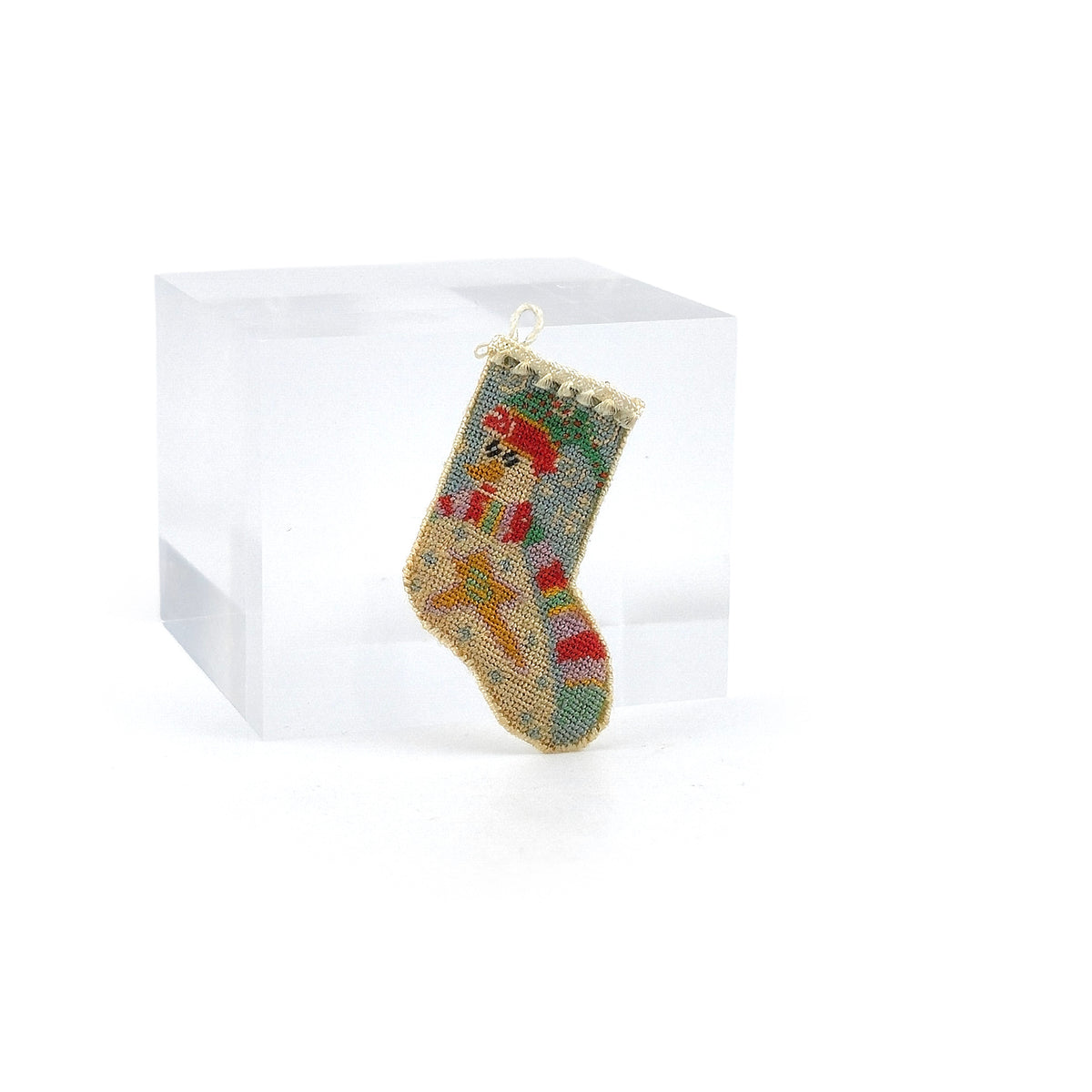 Natalia Frank Snowman Pictorial Petit Point Christmas Stocking with Fringe Cuff