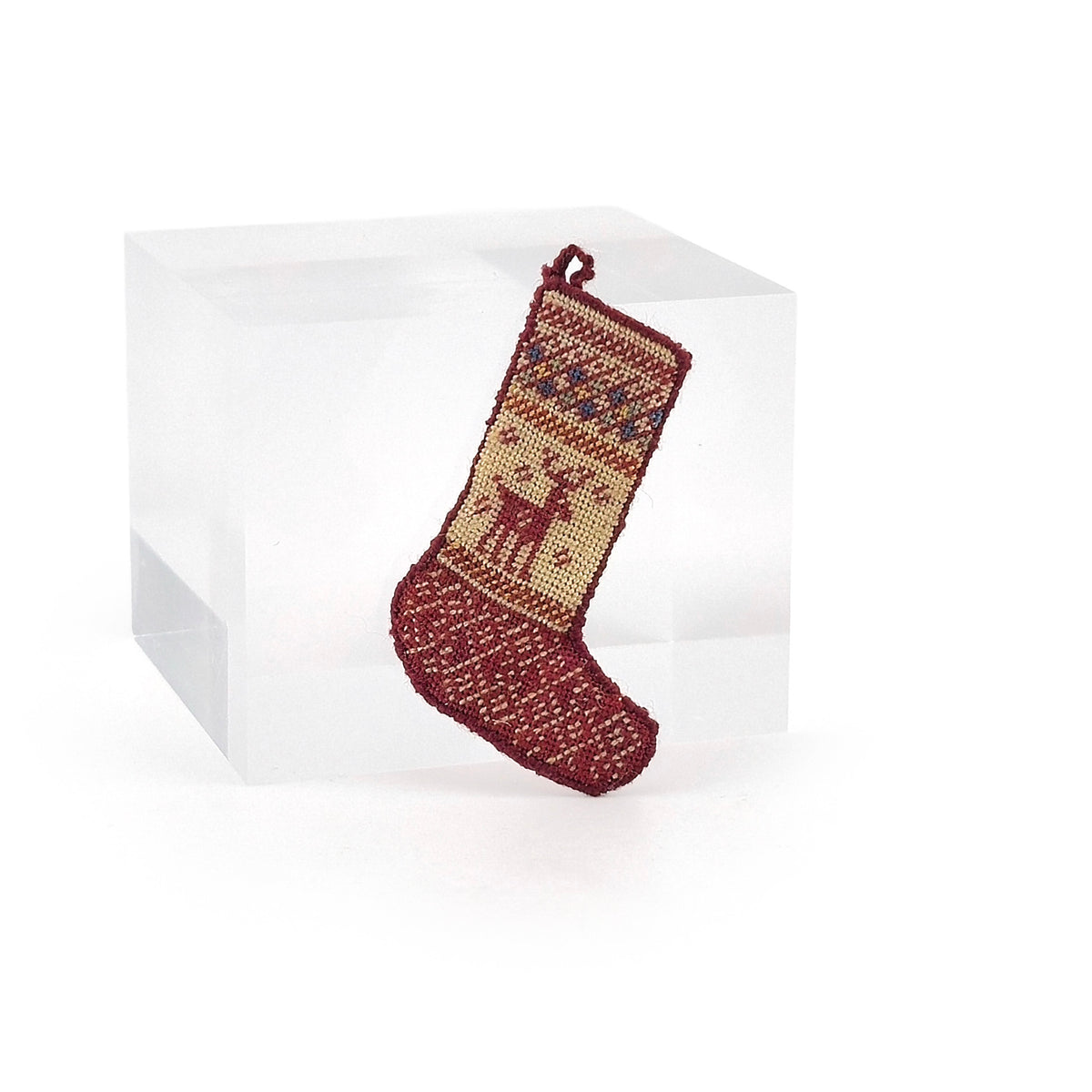 Natalia Frank Reindeer Petit Point Christmas Stocking Burgundy Red & Cream