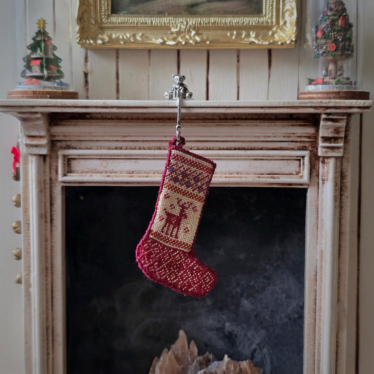 Natalia Frank Reindeer Petit Point Christmas Stocking Burgundy Red & Cream