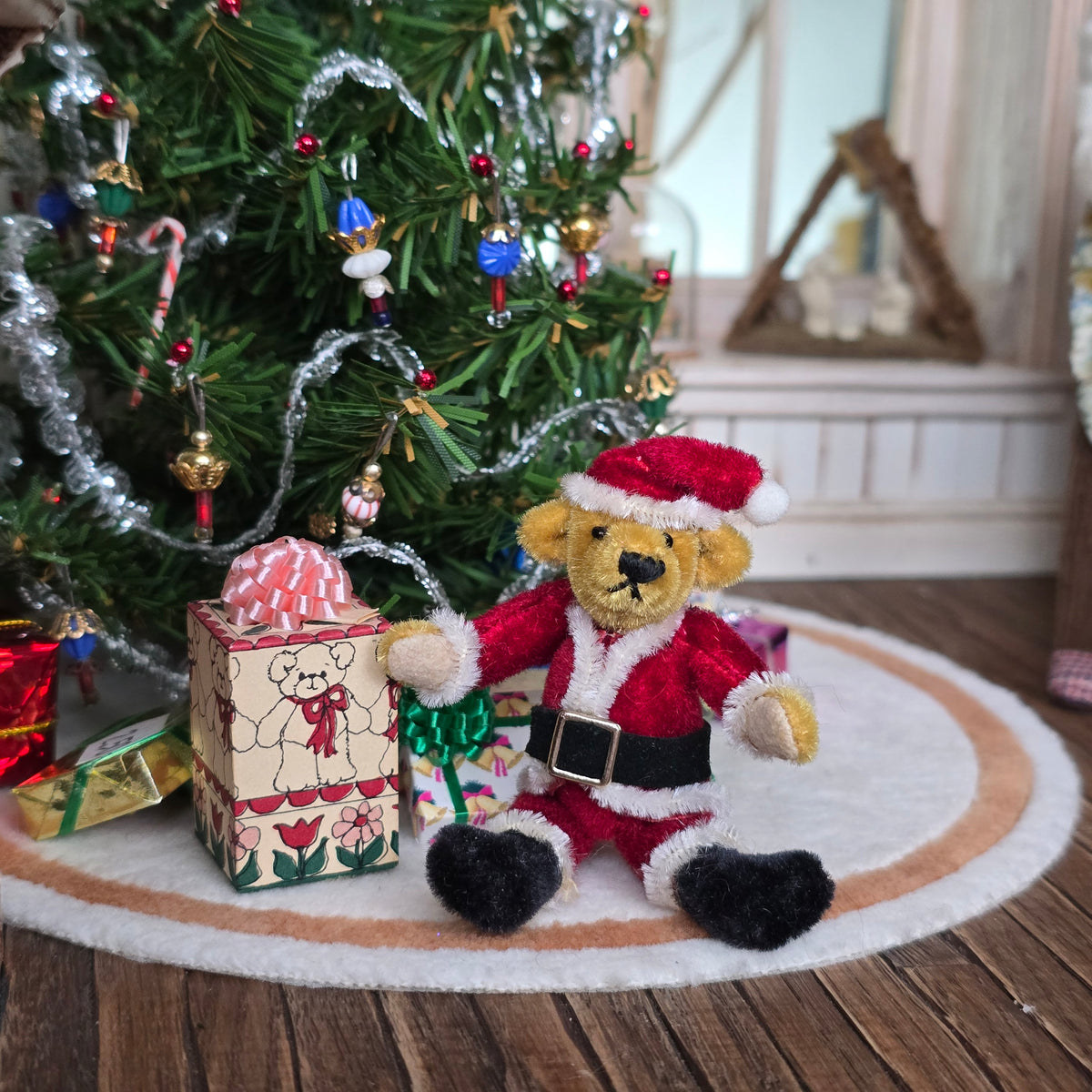 Jointed Santa Bear in Silk Velvet Artisan 1:12 Scale Dollhouse Miniature Plush Toy