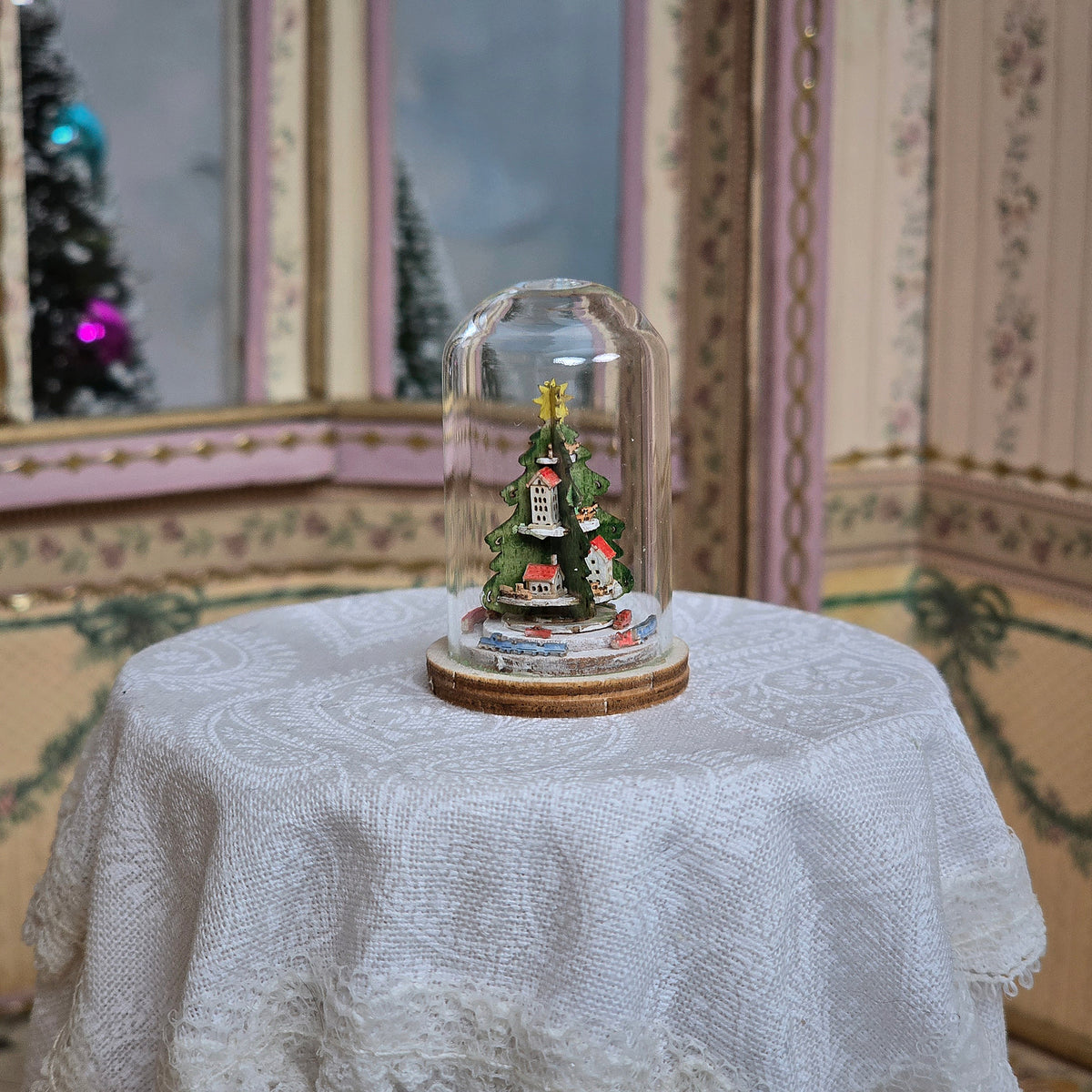 Arnold Volker “Village on a Christmas Tree” Micro German Village Under Glass Cloche