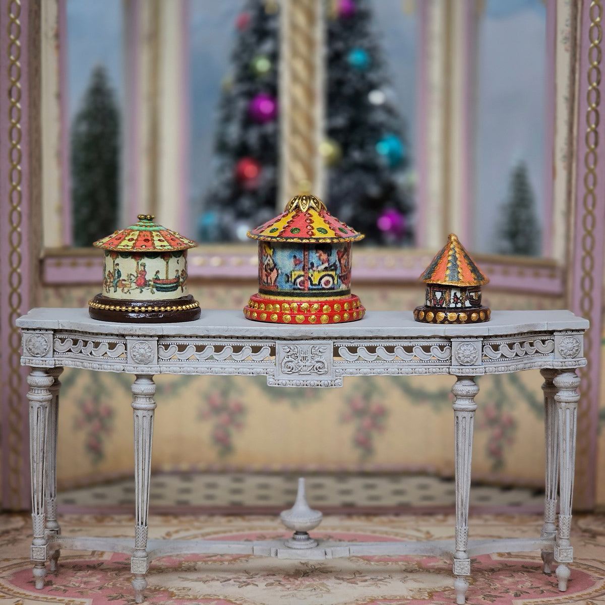 Set of Three Olga from DollhouseArt Miniature Paper Carousels on Wood Bases