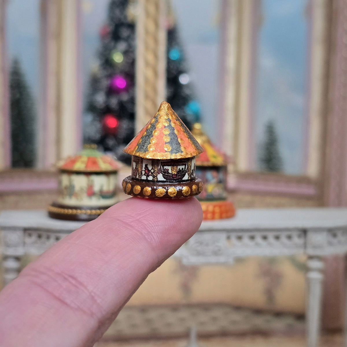 Set of Three Olga from DollhouseArt Miniature Paper Carousels on Wood Bases