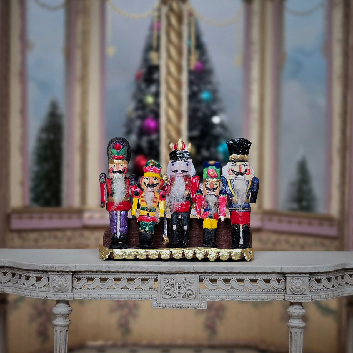 Vintage Artisan Nutcracker Wall Shelf Display with Five Hand-Painted Figures