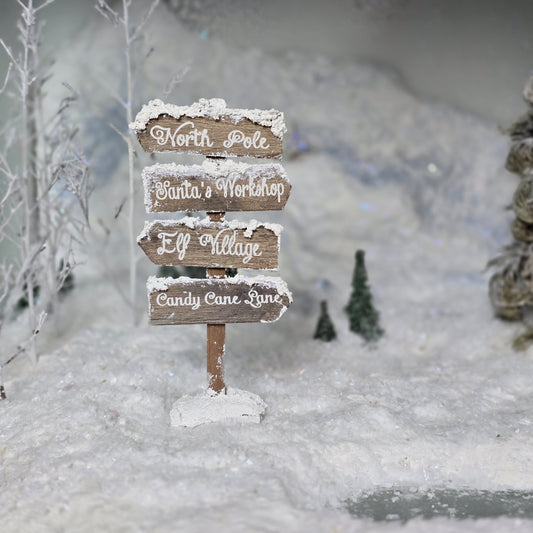Dollhouse Miniature Snowy Christmas Signpost North Pole Santa’s Workshop Elf Village Candy Cane Lane