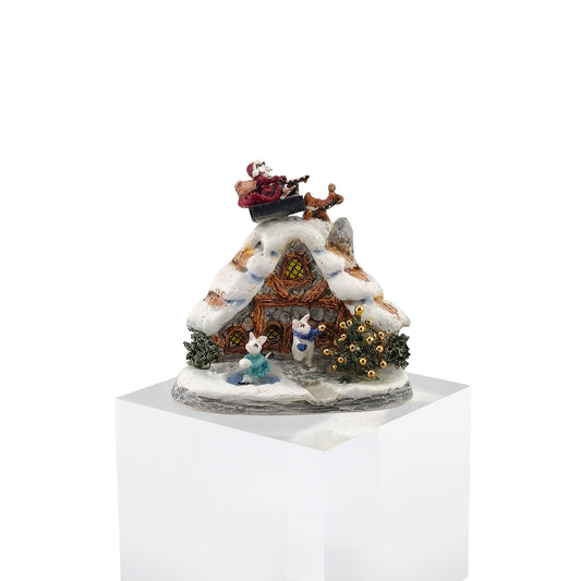 Sharon Secord 1:12 Porcelain Christmas Cottage with Santa Sleigh & Rabbits Scene