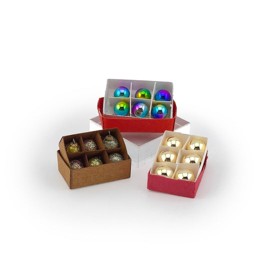 Vintage Miniature Christmas Ornament Boxes with Retro Glass Baubles, Set of 3