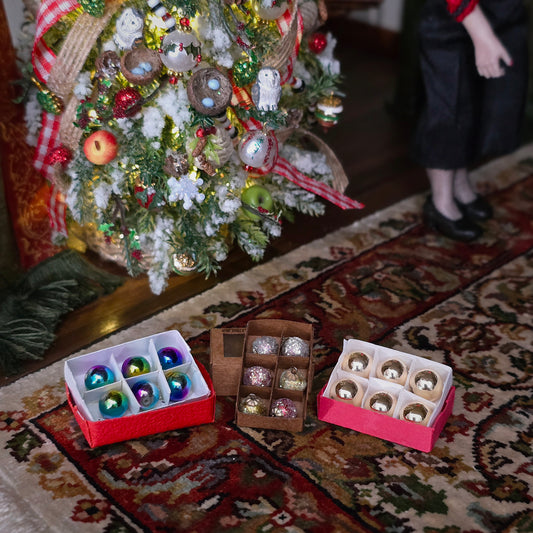 Vintage Miniature Christmas Ornament Boxes with Retro Glass Baubles, Set of 3