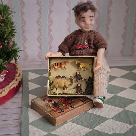 Antique-Style Miniature Menagerie Toy Set Boxed Clay Jungle Animals