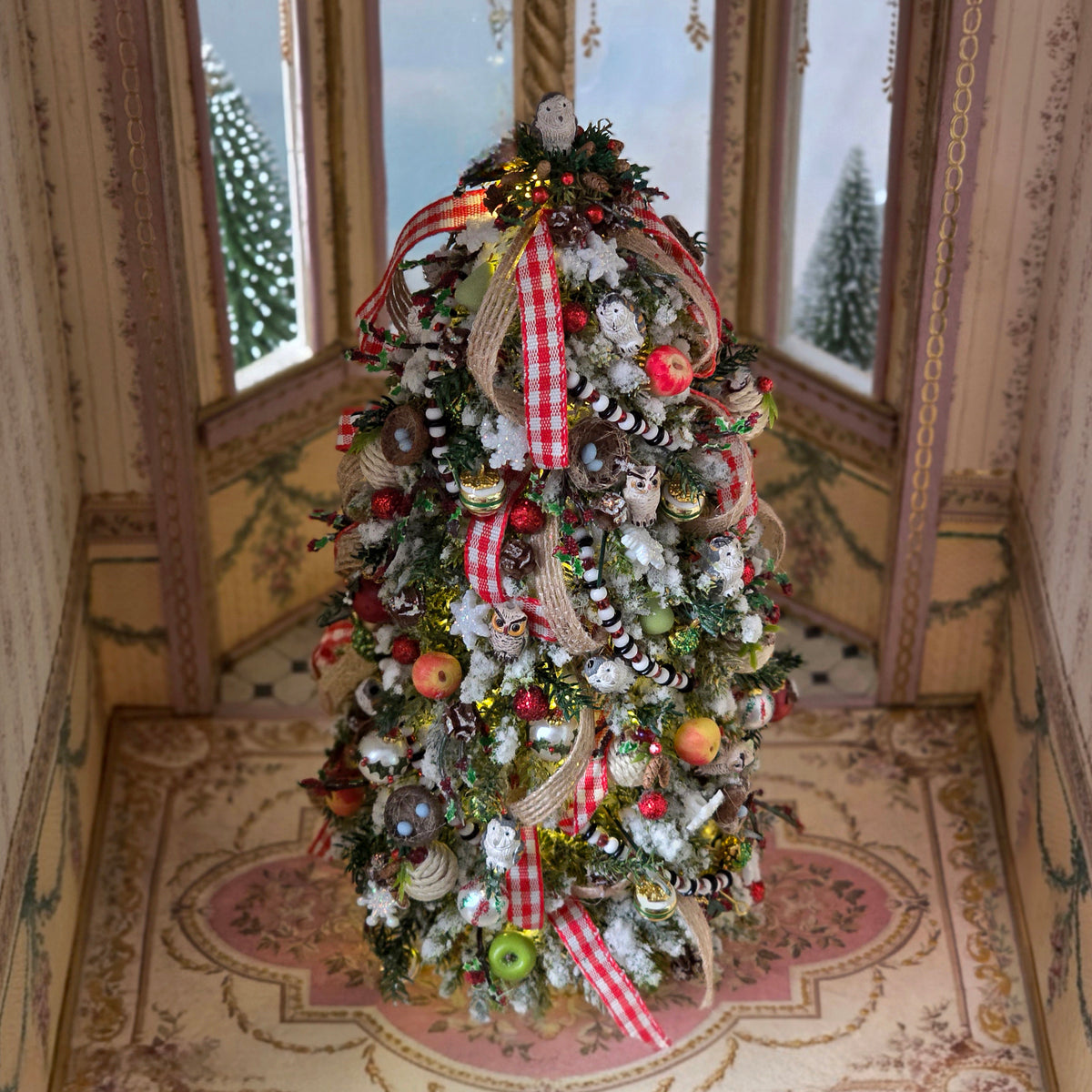 OOAK Lighted Woodland Christmas Tree with Owls, Bird Nests, Fruit & Gingham Ribbon
