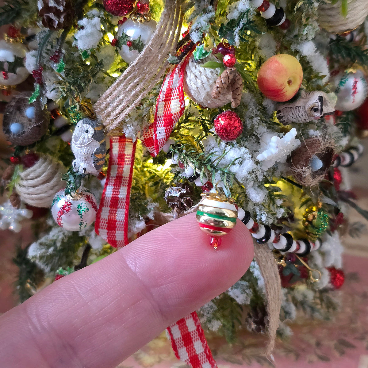 OOAK Lighted Woodland Christmas Tree with Owls, Bird Nests, Fruit & Gingham Ribbon