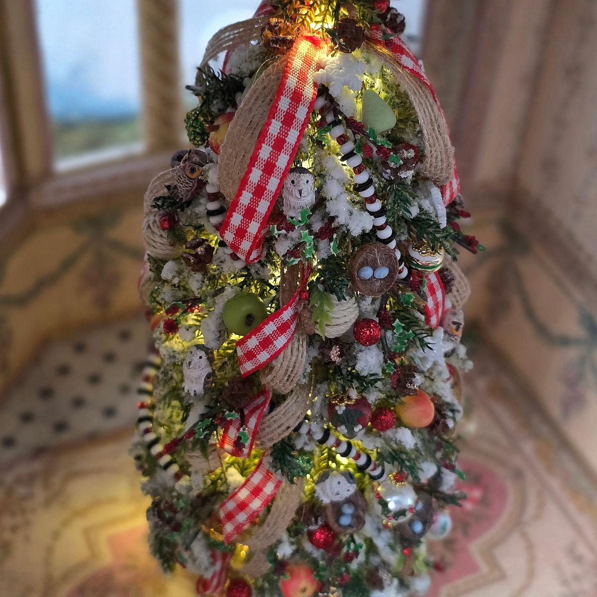OOAK Lighted Woodland Christmas Tree with Owls, Bird Nests, Fruit & Gingham Ribbon