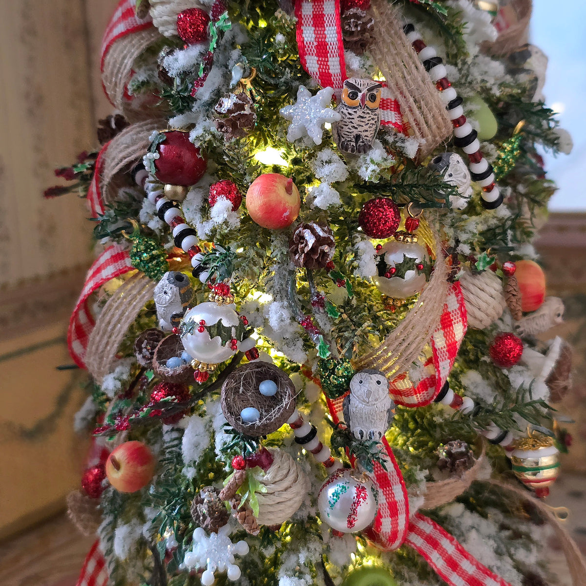 OOAK Lighted Woodland Christmas Tree with Owls, Bird Nests, Fruit & Gingham Ribbon