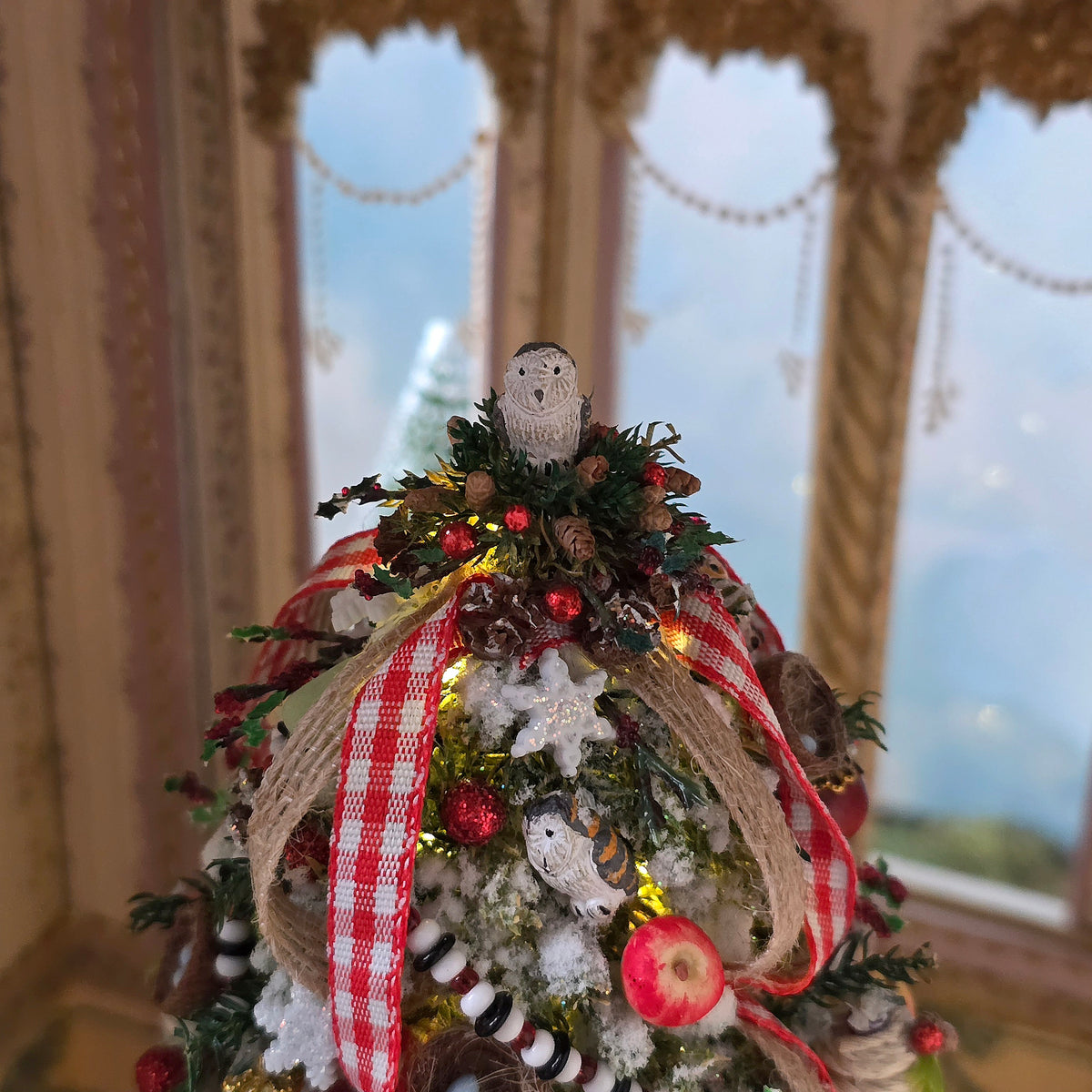 OOAK Lighted Woodland Christmas Tree with Owls, Bird Nests, Fruit & Gingham Ribbon