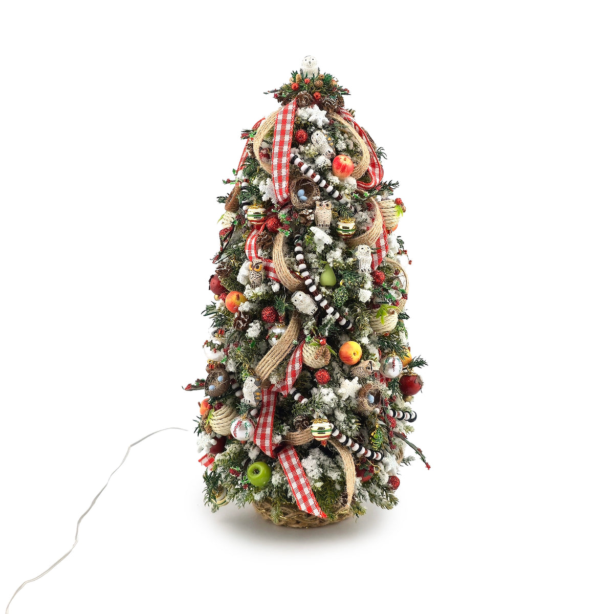 OOAK Lighted Woodland Christmas Tree with Owls, Bird Nests, Fruit & Gingham Ribbon