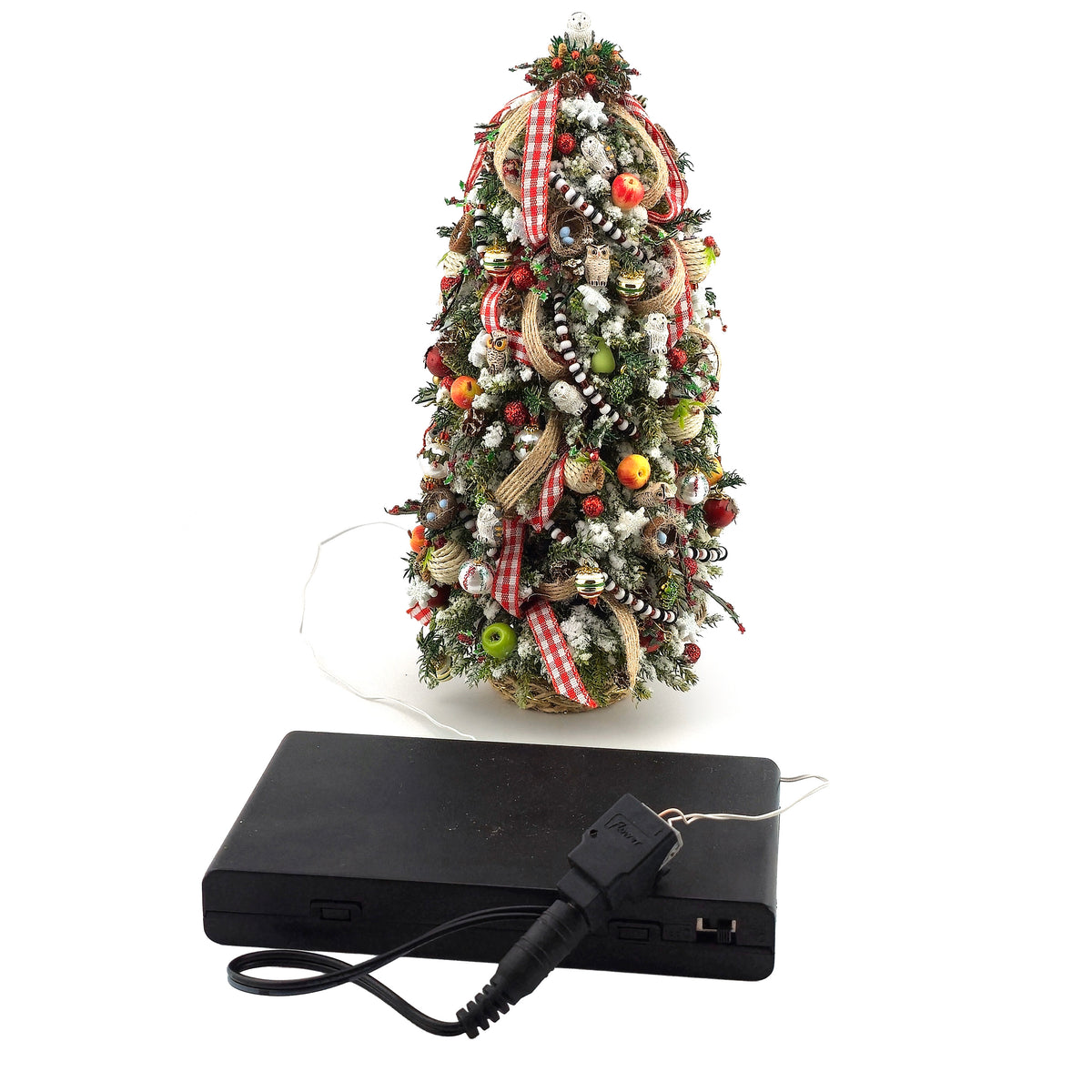 OOAK Lighted Woodland Christmas Tree with Owls, Bird Nests, Fruit & Gingham Ribbon