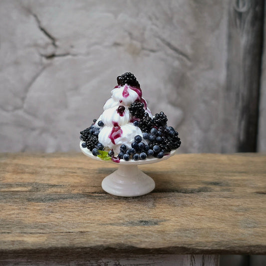 Gosia Suchodolska Miniature Blackberry & Blueberry Pavlova on White Porcelain Stand
