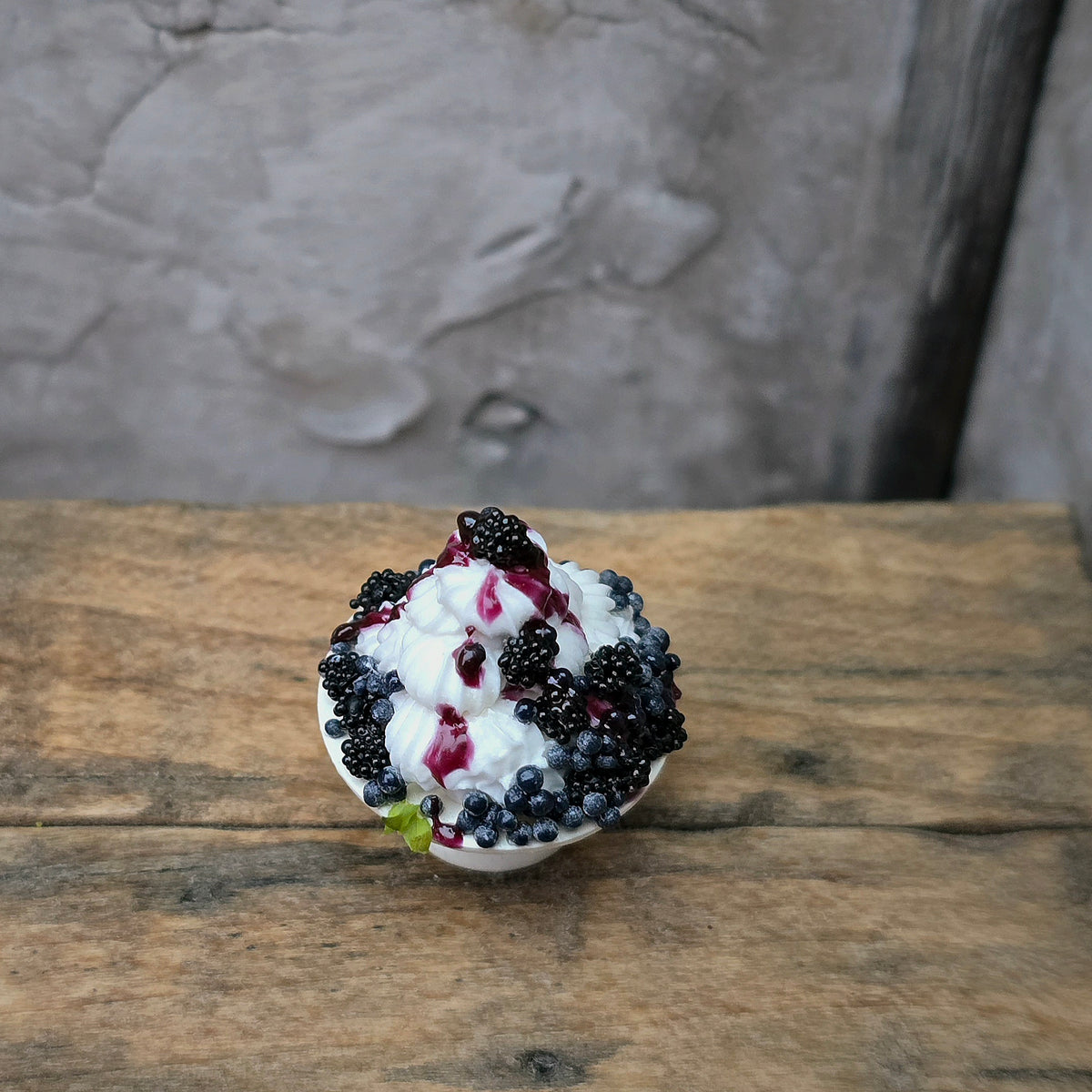 Gosia Suchodolska Miniature Blackberry & Blueberry Pavlova on White Porcelain Stand