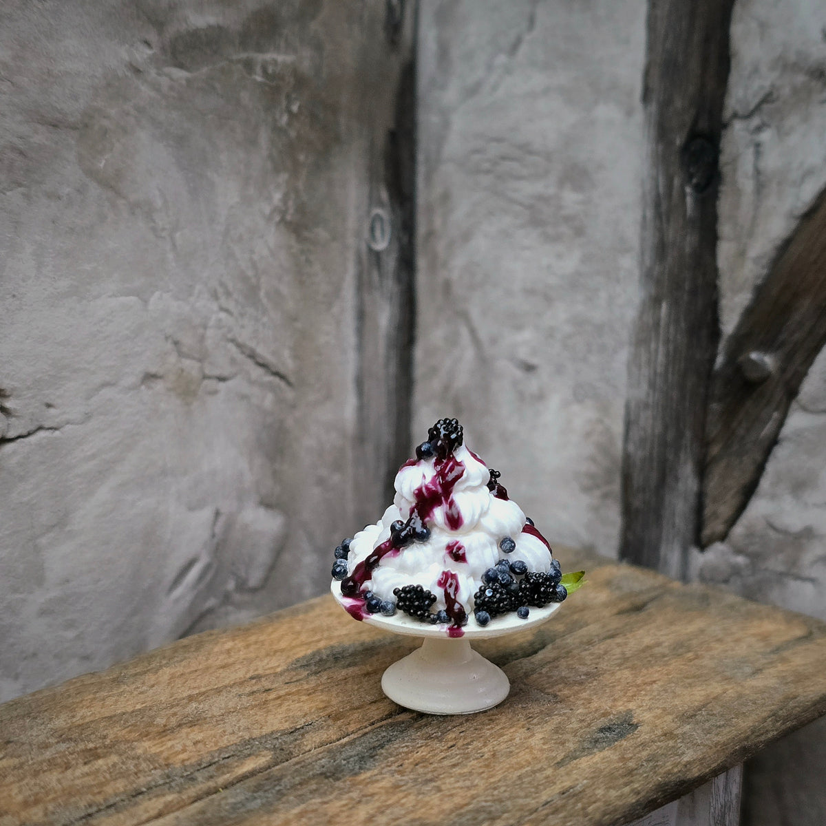 Gosia Suchodolska Miniature Blackberry & Blueberry Pavlova on White Porcelain Stand