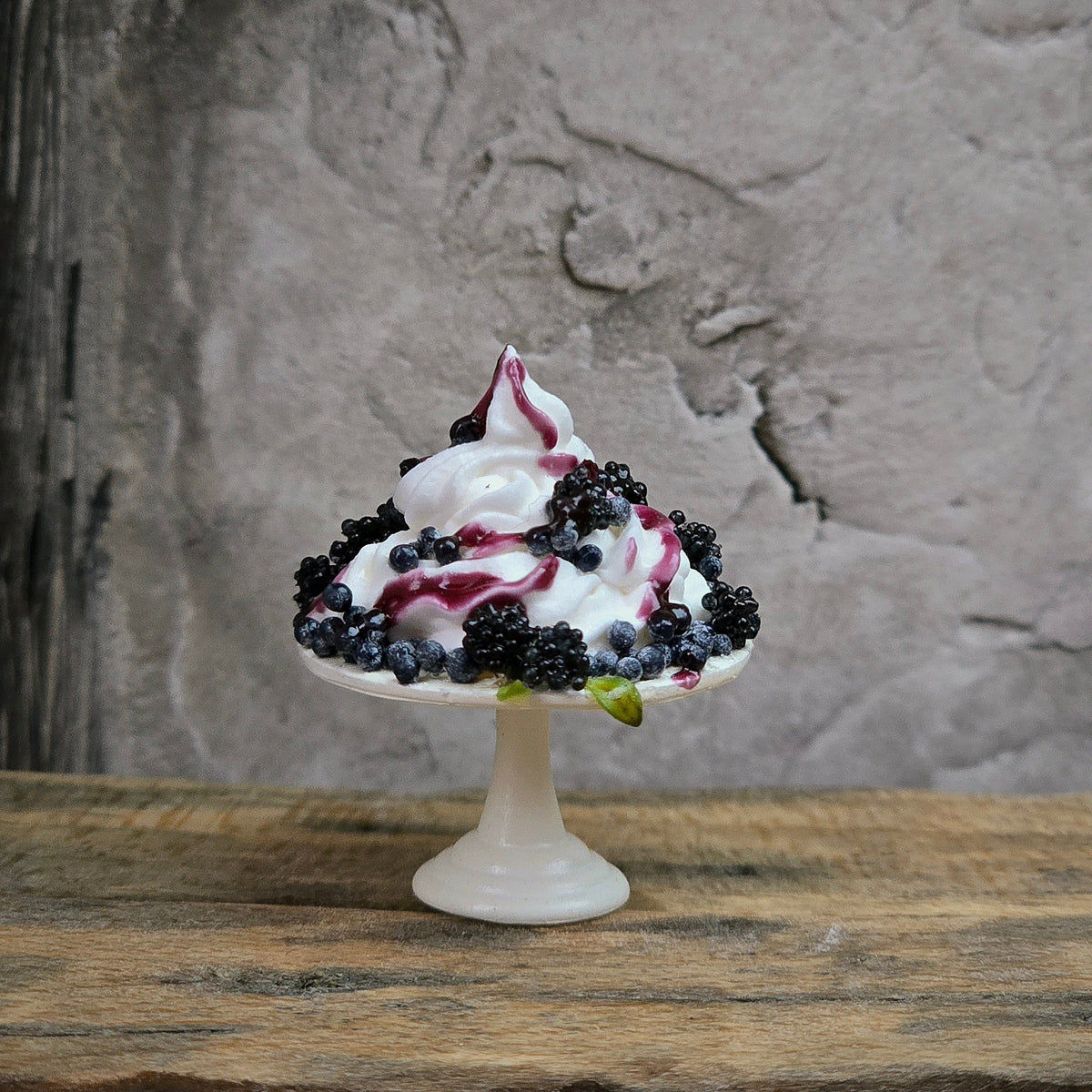 Gosia Suchodolska Miniature Blackberry & Blueberry Pavlova on White Porcelain Stand