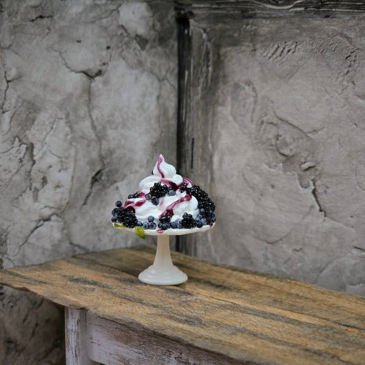 Gosia Suchodolska Miniature Blackberry & Blueberry Pavlova on White Porcelain Stand