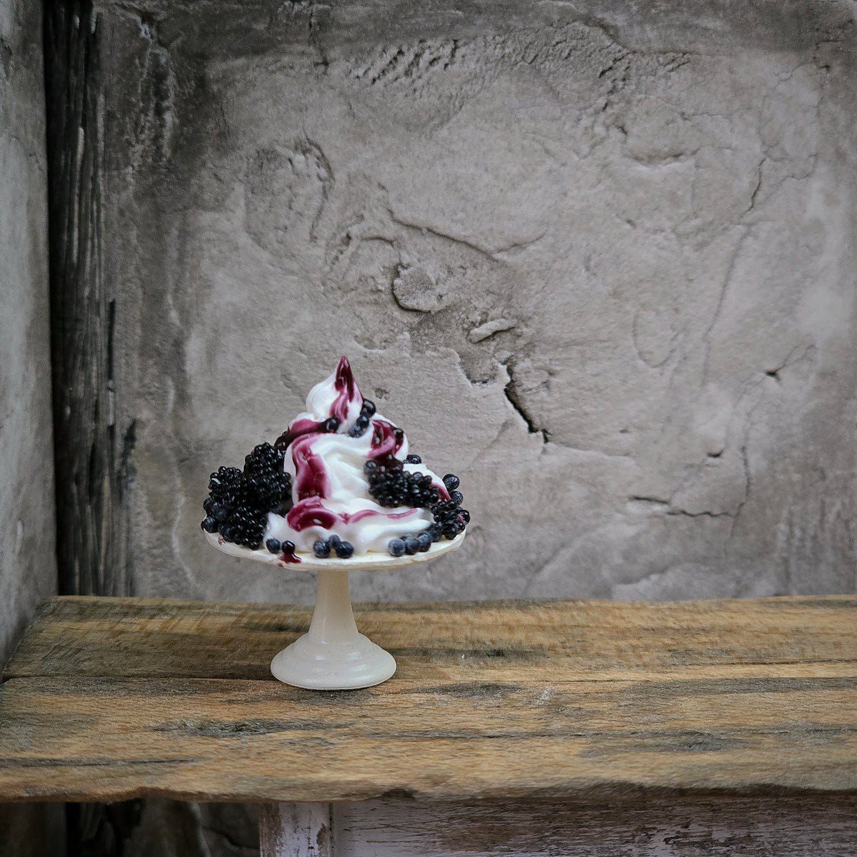 Gosia Suchodolska Miniature Blackberry & Blueberry Pavlova on White Porcelain Stand