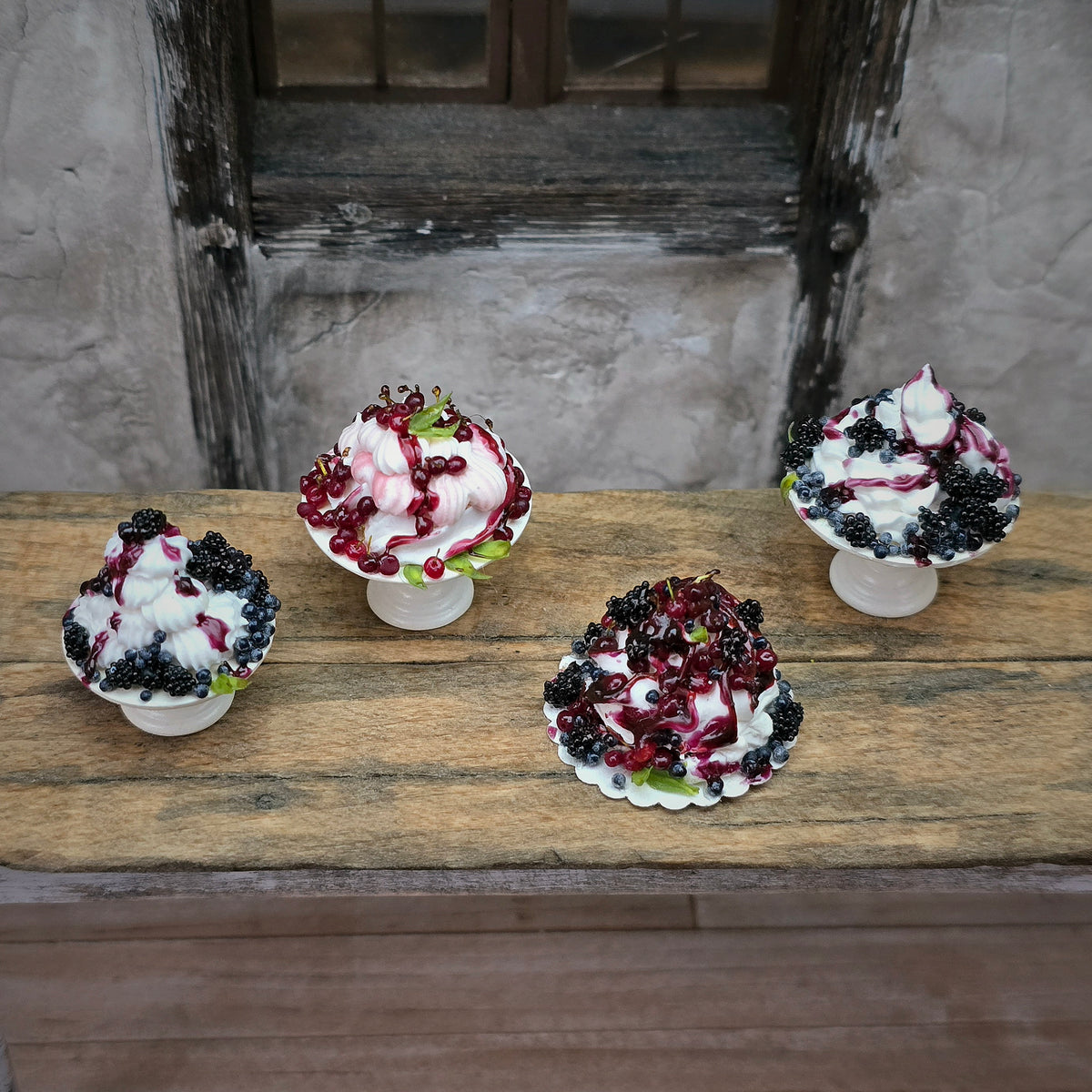Gosia Suchodolska Miniature Blackberry & Blueberry Pavlova on White Porcelain Stand