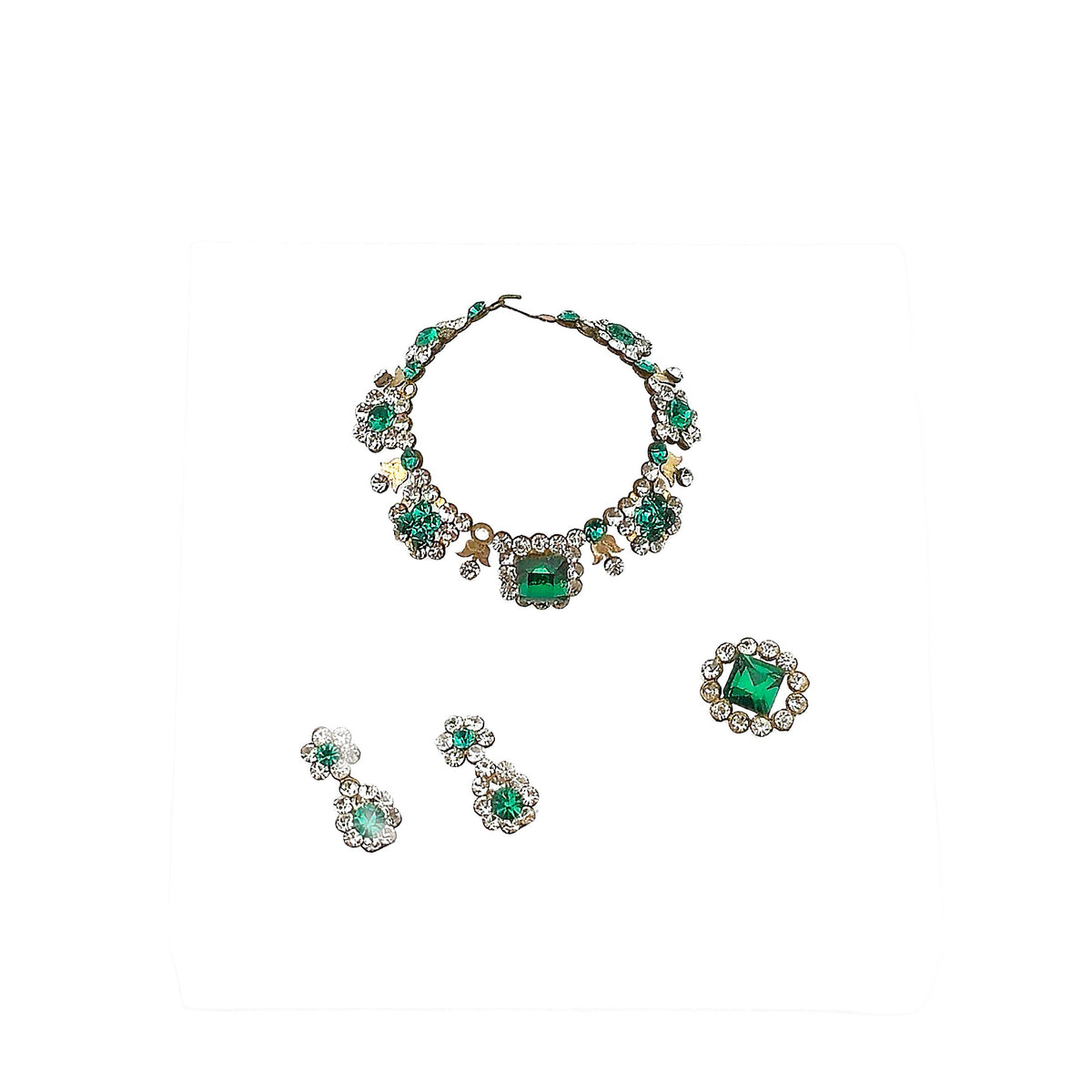 Sun Lemmens Emerald & Crystal 4-Piece Jewelry Parure Set Necklace, Earrings & Brooch