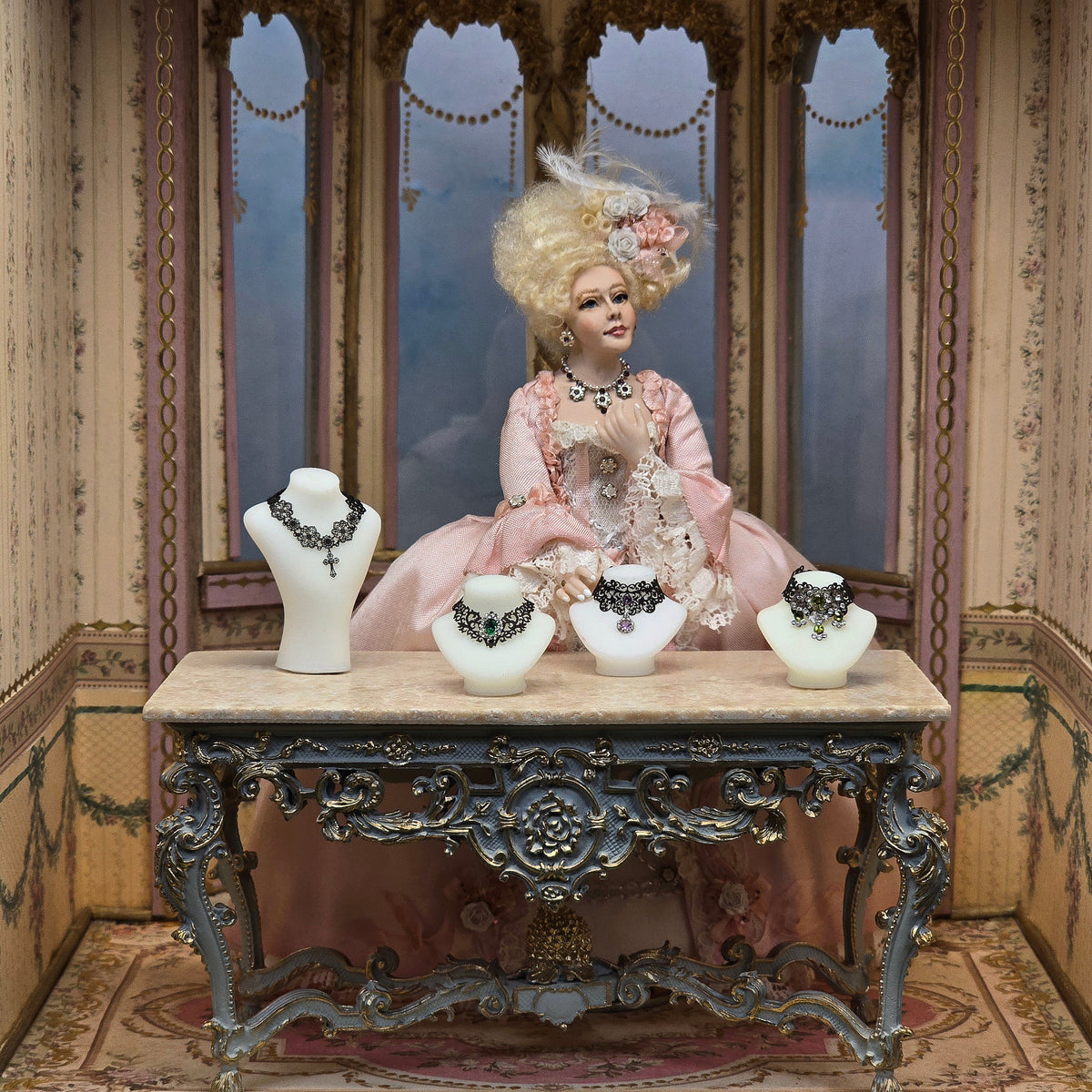 Sun Lemmens Wearable Gothic Heart Choker & Earring Set on Display Stand for Doll