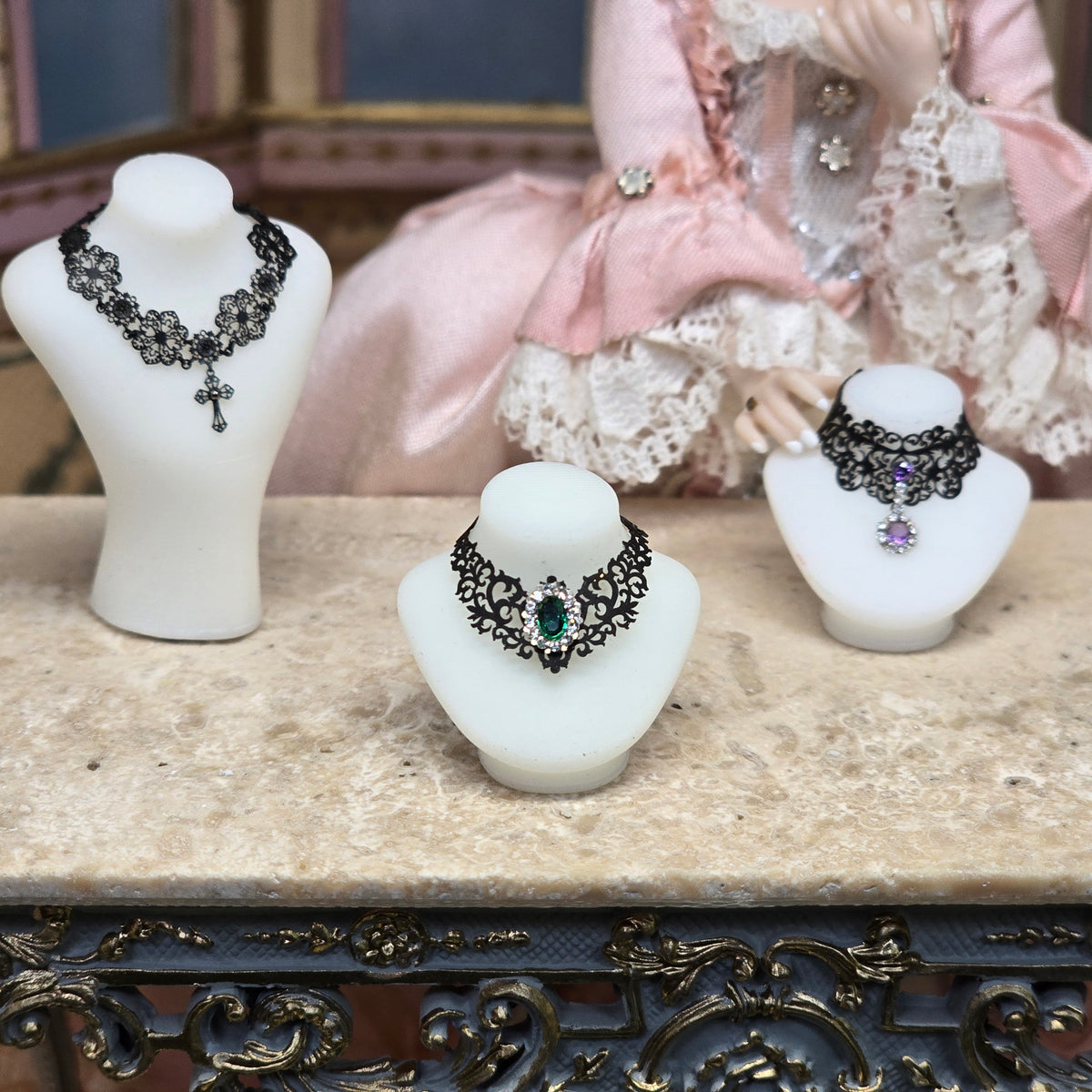 RESERVED MADAME Y Sun Lemmens Gothic Filigree Emerald Lace Choker Necklace on White Bust