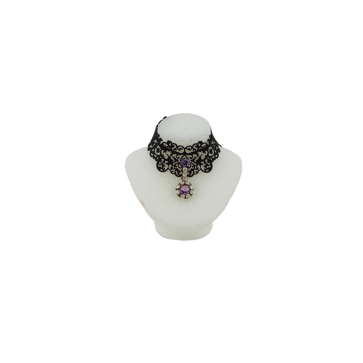 Sun Lemmens Wearable Amethyst Filigree Choker Necklace on White Display Bust