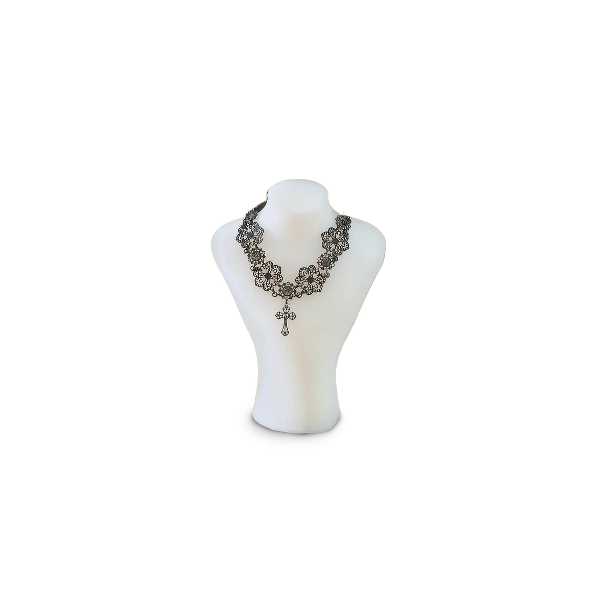 Sun Lemmens Gothic Floral Filigree Choker with Cross Pendant Charcoal Rhinestones