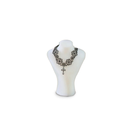 Sun Lemmens Gothic Floral Filigree Choker with Cross Pendant Charcoal Rhinestones