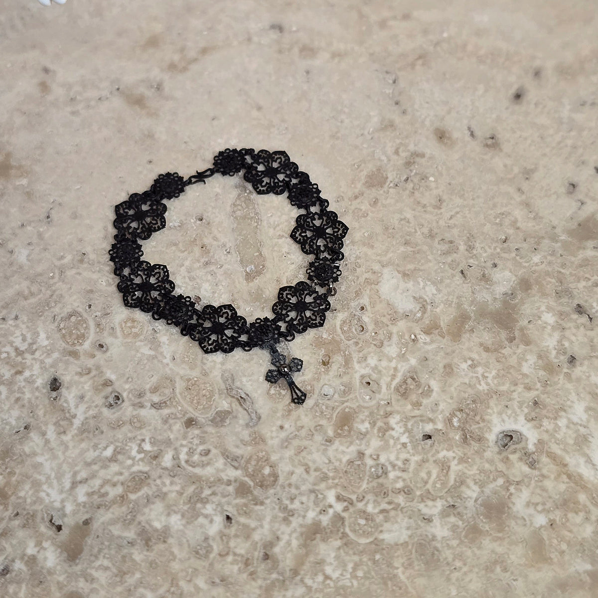 Sun Lemmens Gothic Floral Filigree Choker with Cross Pendant Charcoal Rhinestones